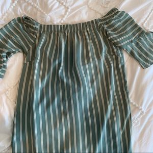 GREEN/WHITE PINSTRIPED OFF SHOULDER DRESS